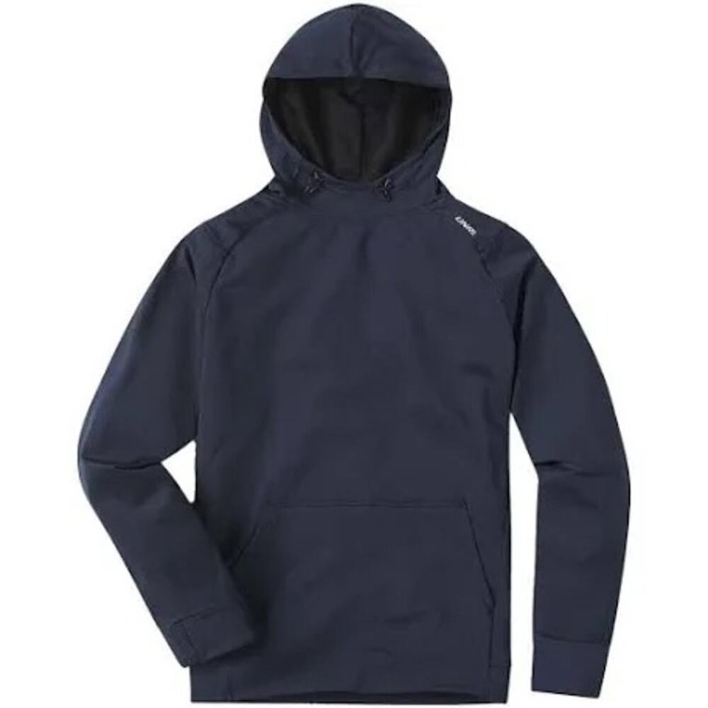 Navy blue UNRL Crossover Hoodie Size M, has a logo stitch on the sleeve